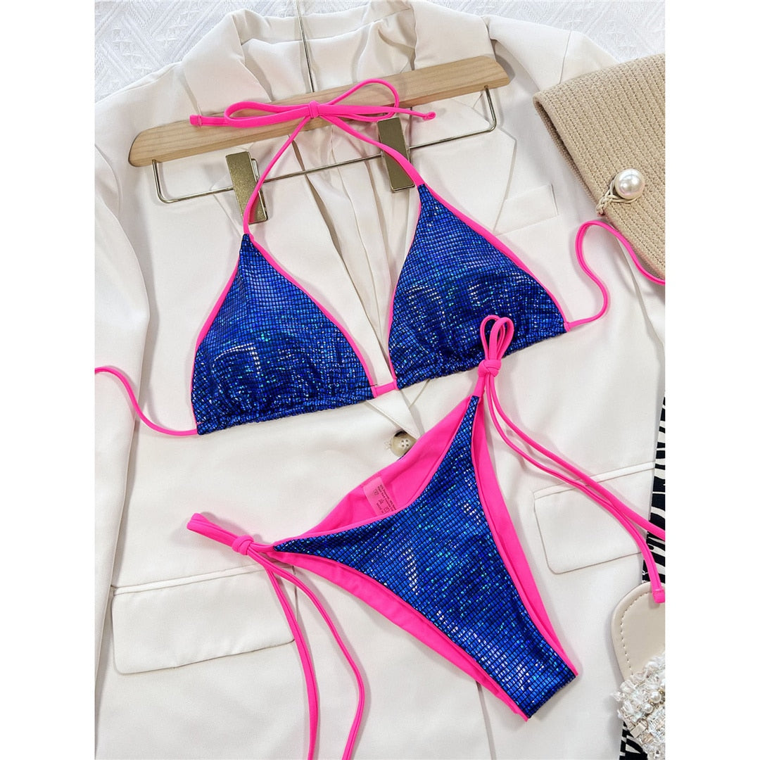 Sexy Shiny Sequins Blue Pink Bikini  Sunset and Swim   