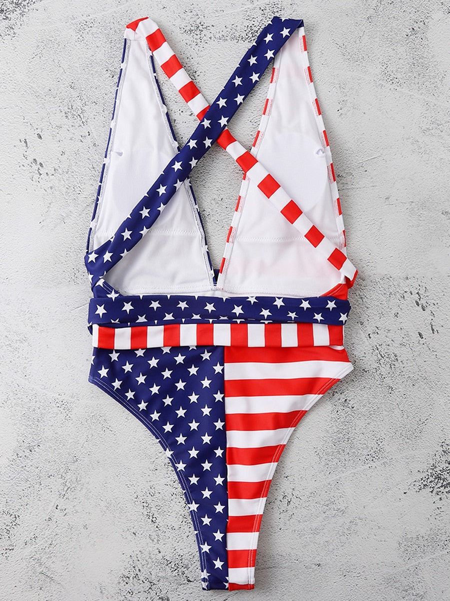 Stars and Stripes Deep V Neck One Piece Swimsuit  Sunset and Swim   