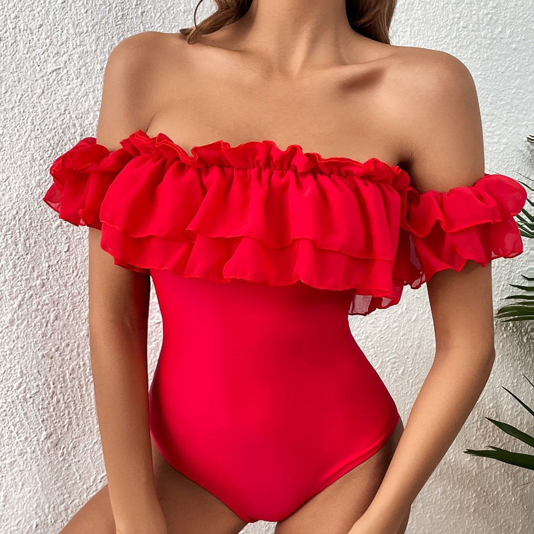 Red Romance Sexy One Piece Ruffle Swimsuit and Beach Cover Up Skirt  Sunset and Swim   