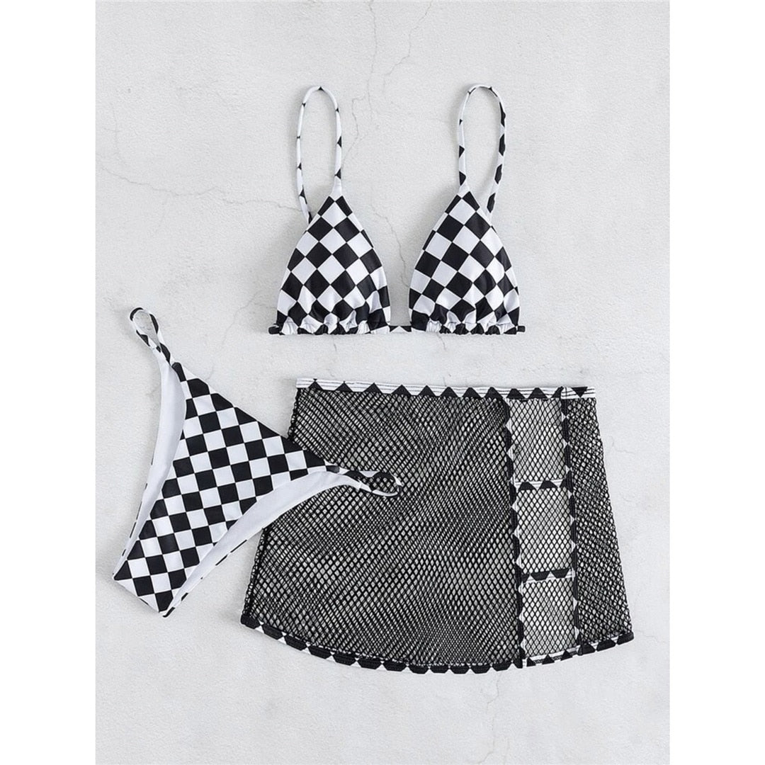 Black White Triangle Bikini with Adjustable Straps Set  Sunset and Swim Black Plaid S 