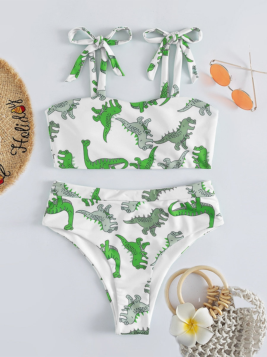 Hear Me Roar - Dinosaur Print High Waist Bikini  Sunset and Swim White S 