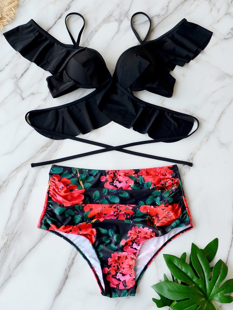 Floral Dreams Sexy White Ruffled High Waist Bikini Sunset and Swim   