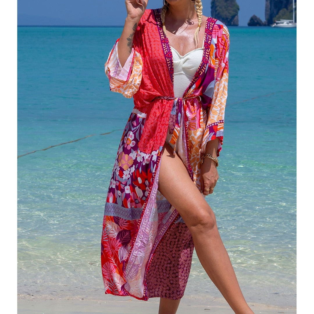 Italian Vacation V Neck Loose Maxi Dress Kimono Swimsuit Coverup  Sunset and Swim Leaves Dot One Size 