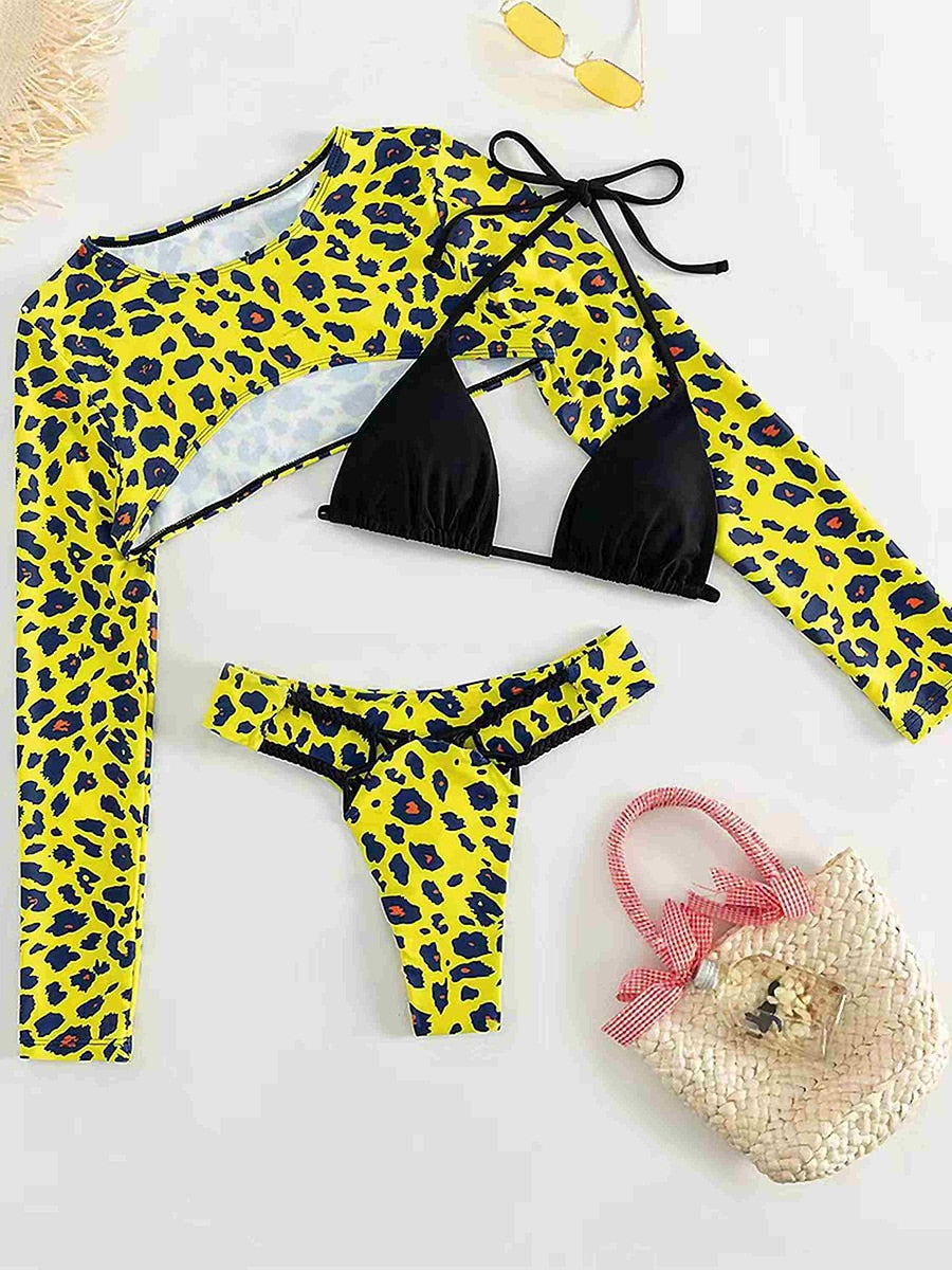 Thong Leopard Three Set Bikini  Sunset and Swim Yellow S 