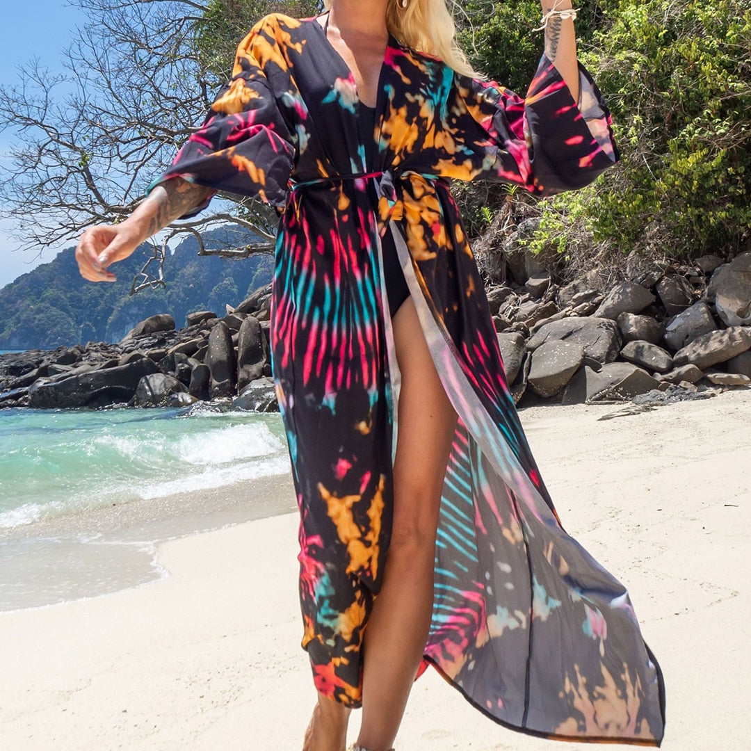 Italian Vacation V Neck Loose Maxi Dress Kimono Swimsuit Coverup  Sunset and Swim Black Tie Dye One Size 
