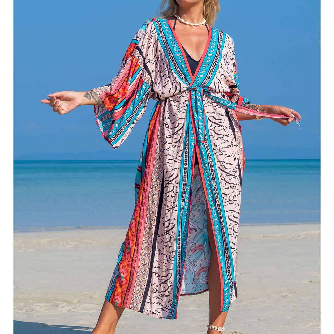 Italian Vacation V Neck Loose Maxi Dress Kimono Swimsuit Coverup  Sunset and Swim Bird One Size 