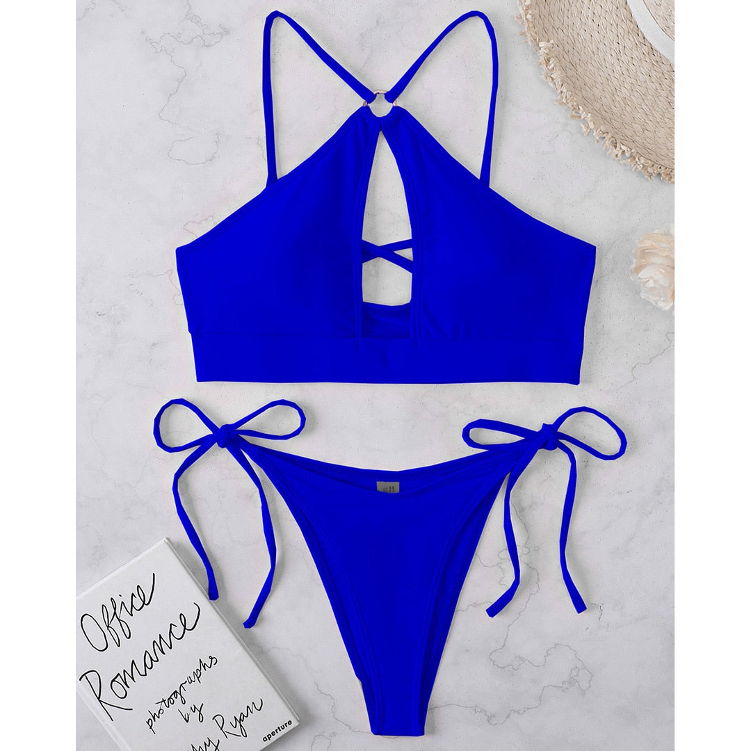 Phoenix Cut Out Halter Bikini  Sunset and Swim royal blue S 