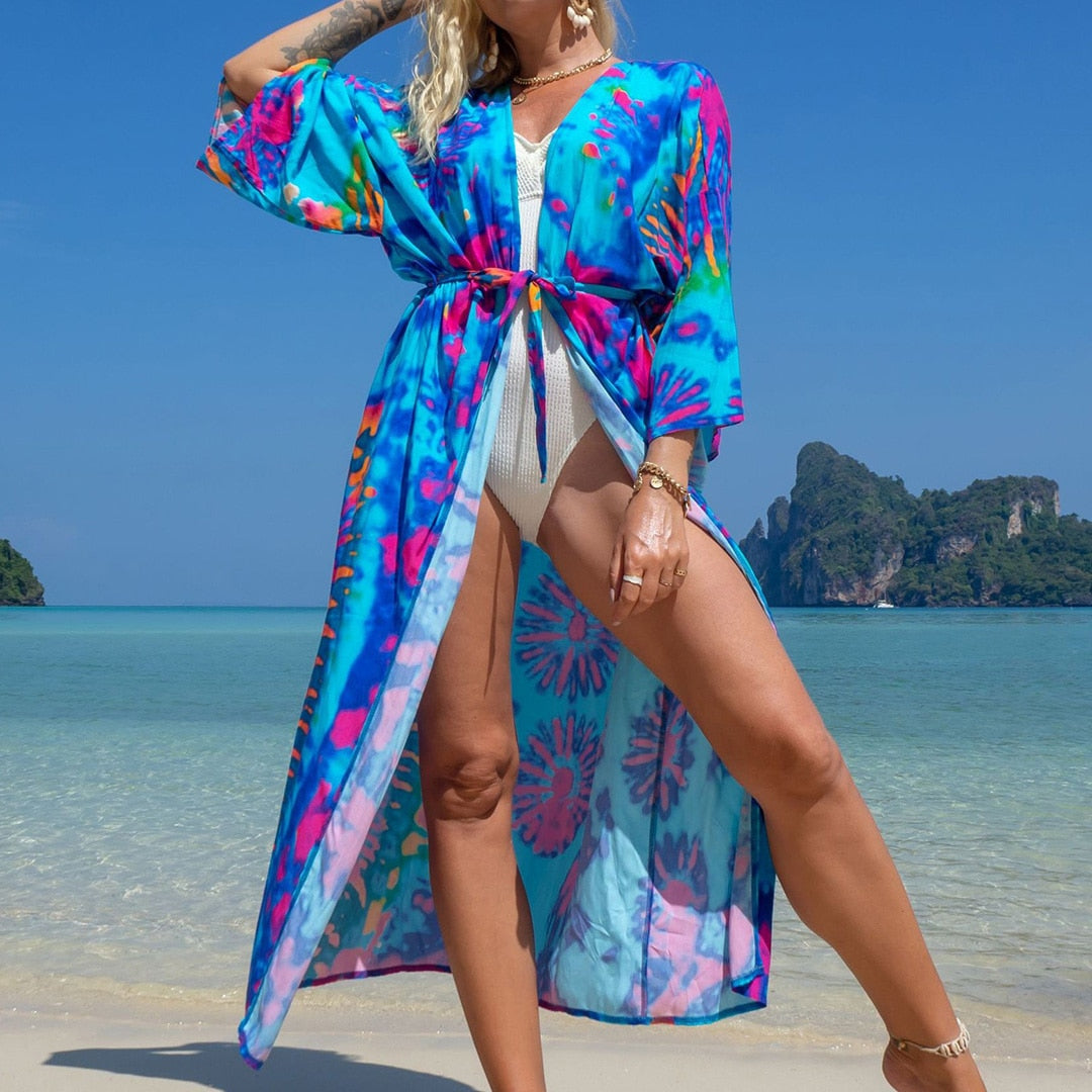 Italian Vacation V Neck Loose Maxi Dress Kimono Swimsuit Coverup  Sunset and Swim Blue Tie Dye One Size 