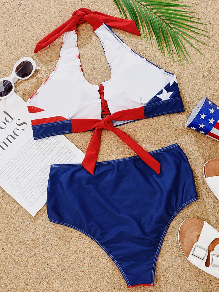 Stunning High Waisted Halterneck US Flag Bikini Sunset and Swim   