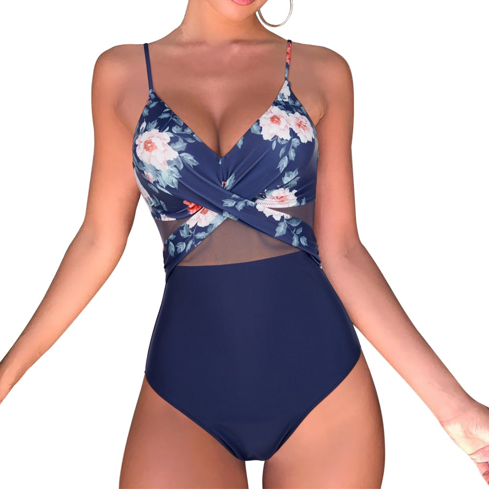 Solid One Piece Tummy Slimming Design Swimsuit  Sunset and Swim Blue S 