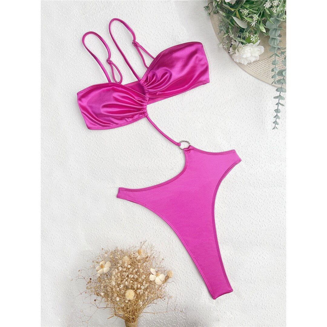 Shiny Extreme Mini Micro Thong One Shoulder Bikini Swimsuit  Sunset and Swim Hot Pink S 