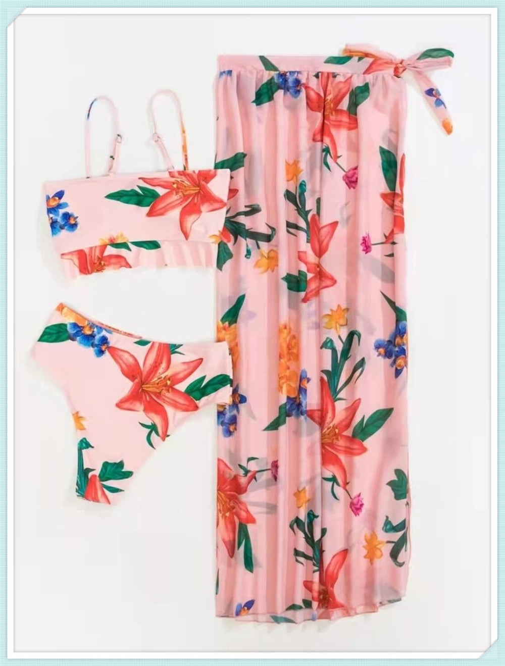 White Lotus 3 Piece Floral Bikini with Beach Skirt  Sunset and Swim   