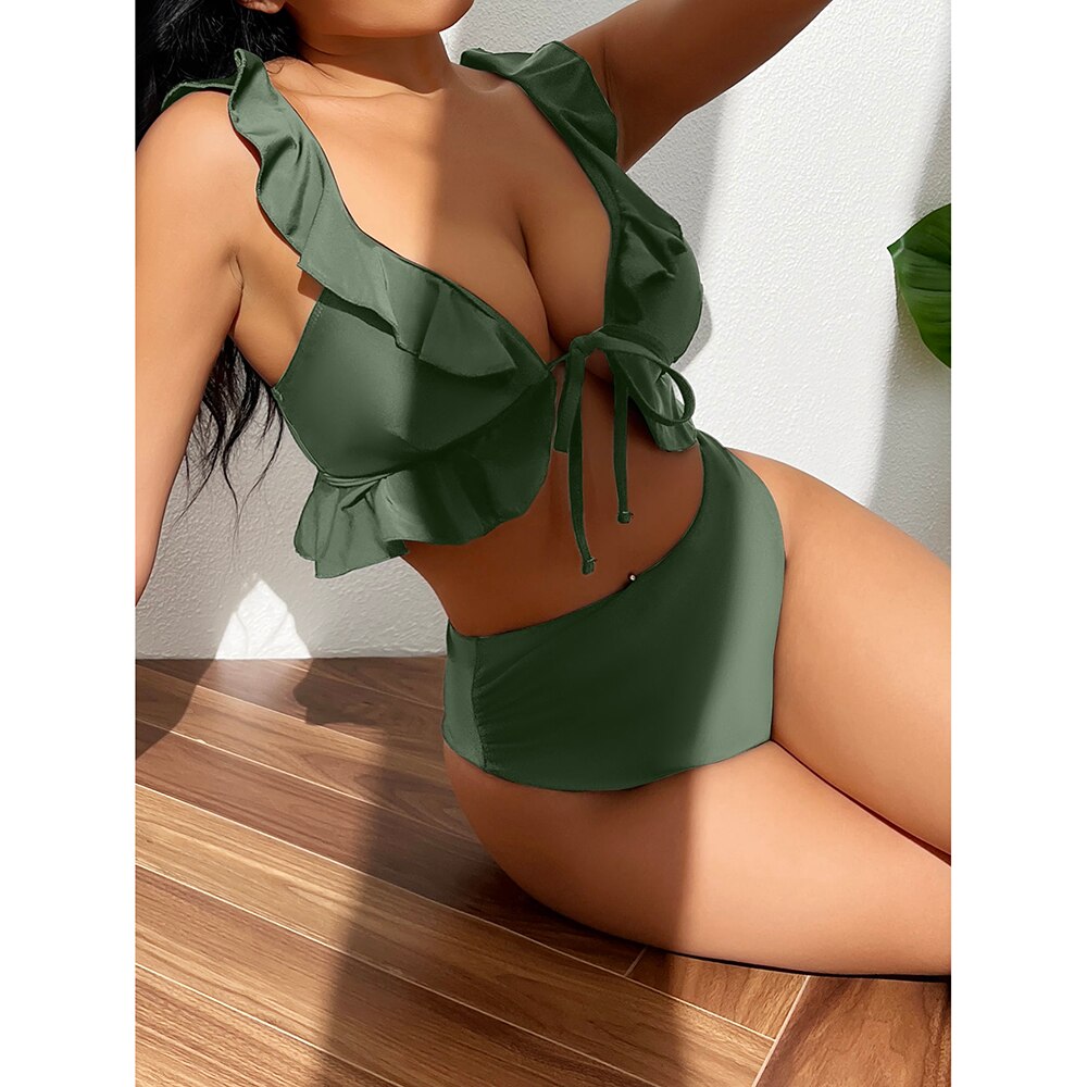 Cute Modest High Waist Ruffle Bikini  Sunset and Swim Army Green S 