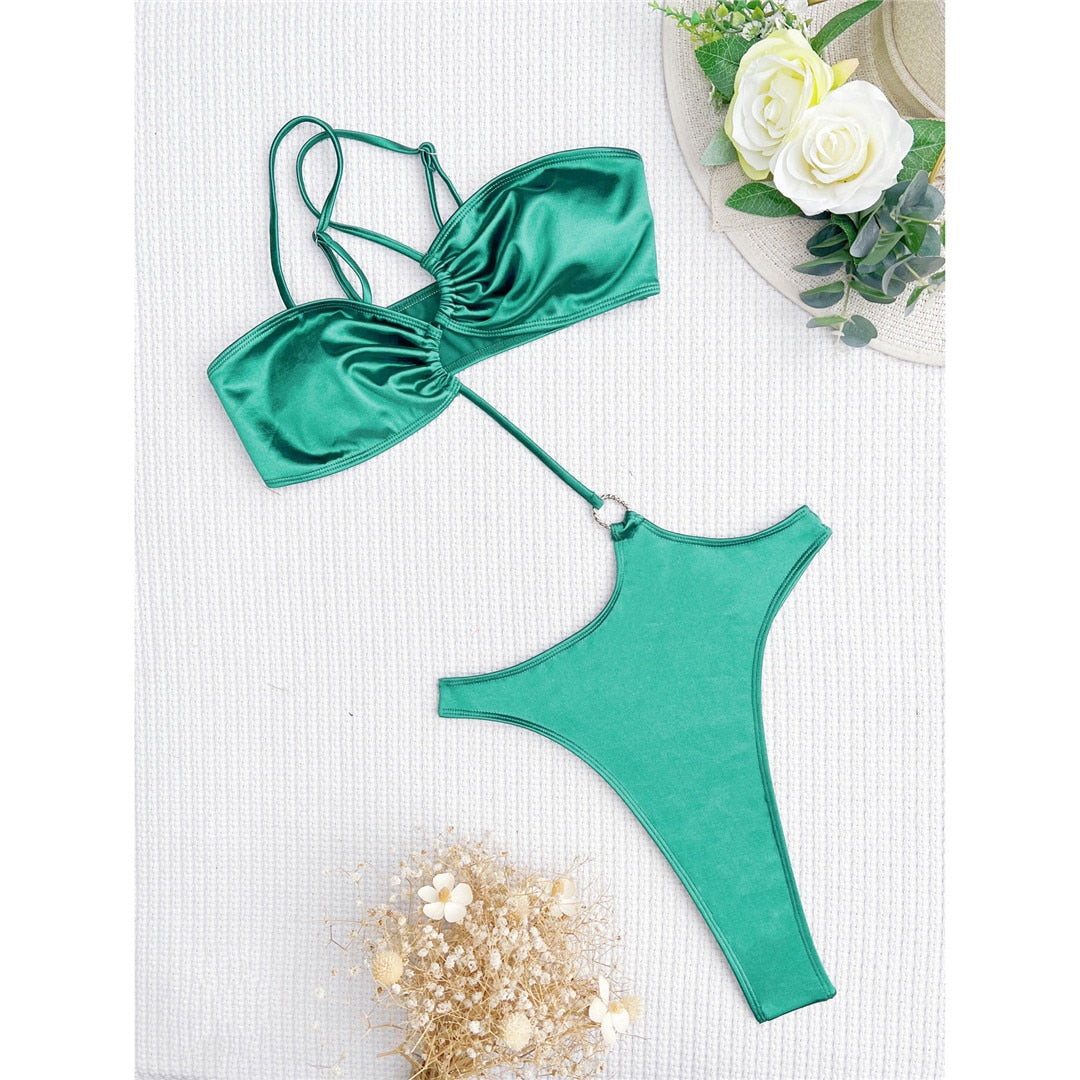 Shiny Extreme Mini Micro Thong One Shoulder Bikini Swimsuit  Sunset and Swim Green S 