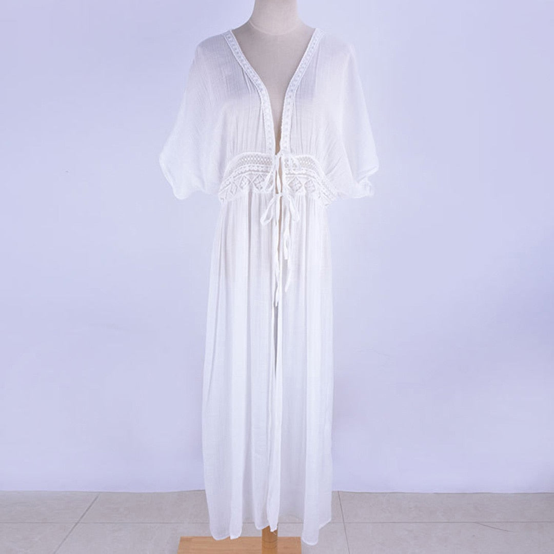 Boho Flow Mesh Sheer Beach Cover Up  Sunset and Swim White One Size 