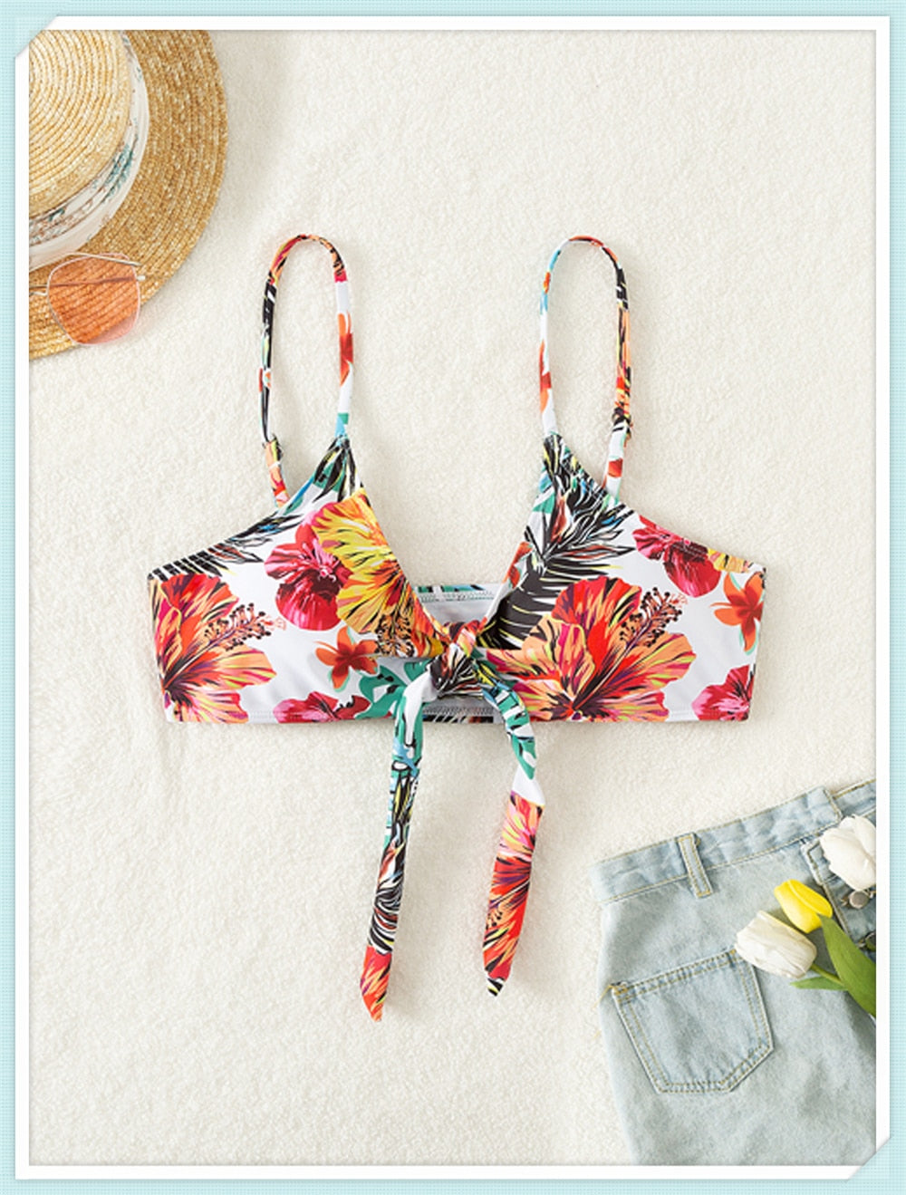 Floral Print Modest Knot Front Bikini including Cover Up Shirt