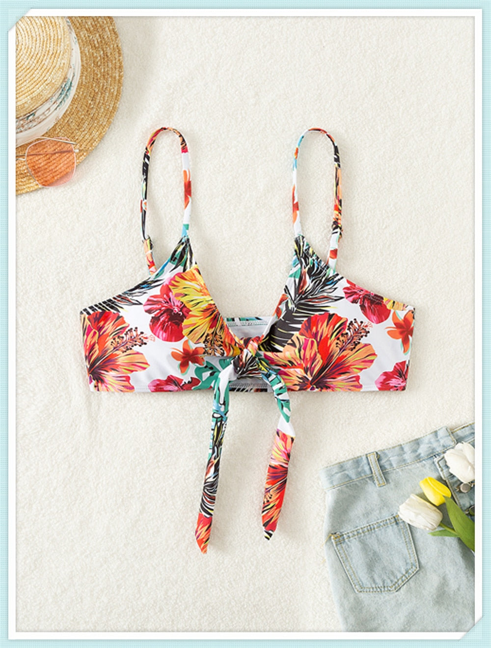 Floral Print Modest Knot Front Bikini including Cover Up Shirt Sunset and Swim   