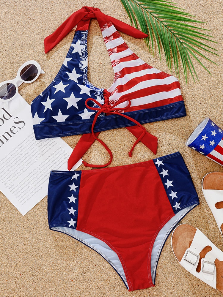 Stunning High Waisted Halterneck US Flag Bikini  Sunset and Swim   