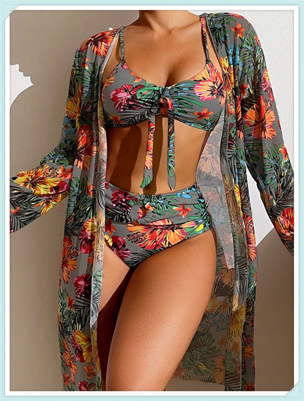 Floral Print Modest Knot Front Bikini including Cover Up Shirt
