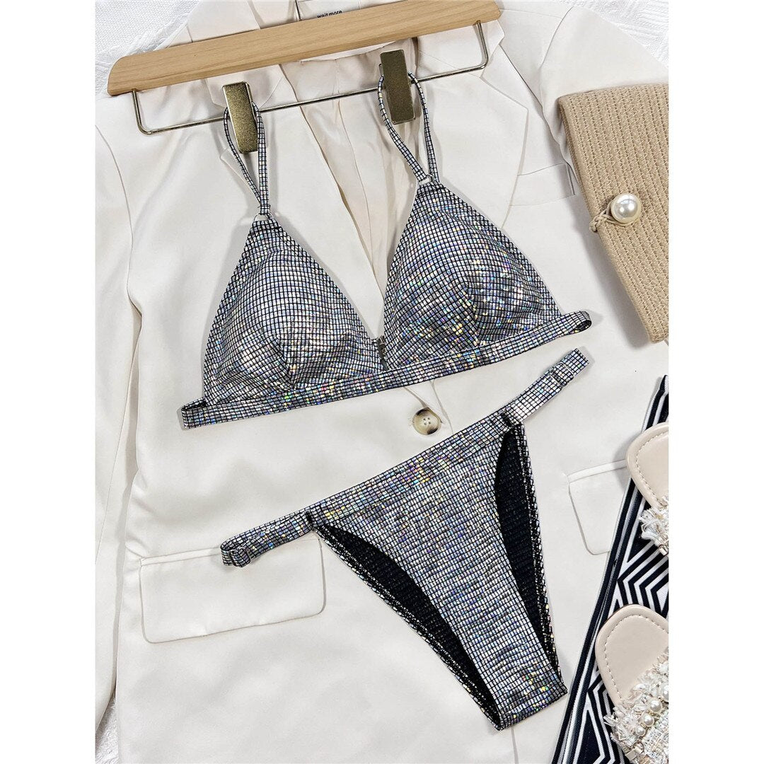Sensual Silver Sequined High Leg Triangle Bikini  Sunset and Swim Silver S 