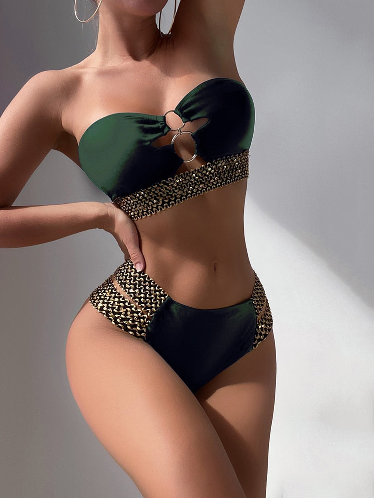 Sultry Waves Strapless Bandeau Cut Out Bikini  Sunset and Swim Dark Green S 