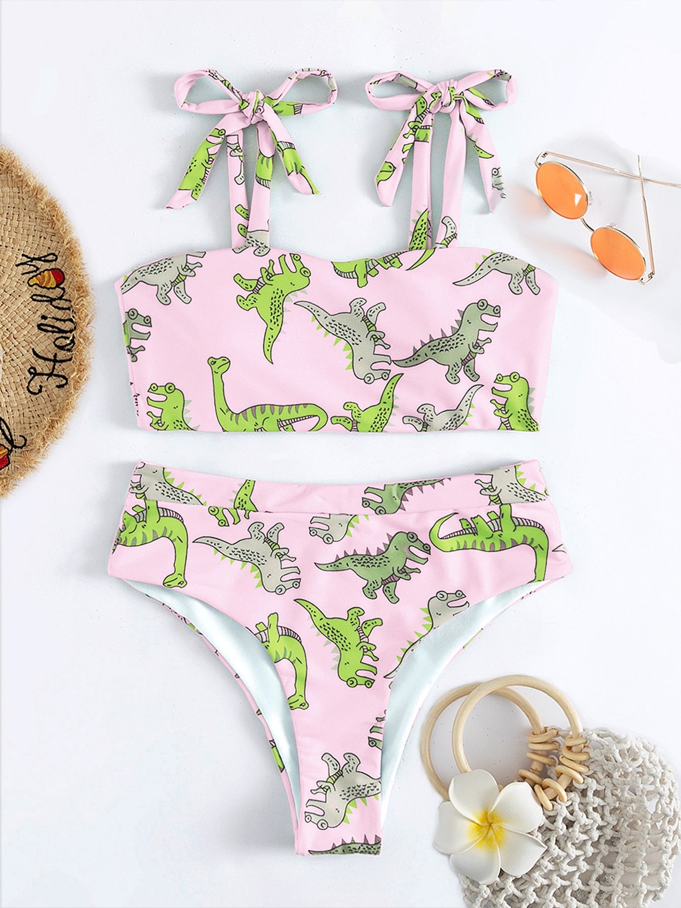 Hear Me Roar - Dinosaur Print High Waist Bikini  Sunset and Swim Light Pink S 