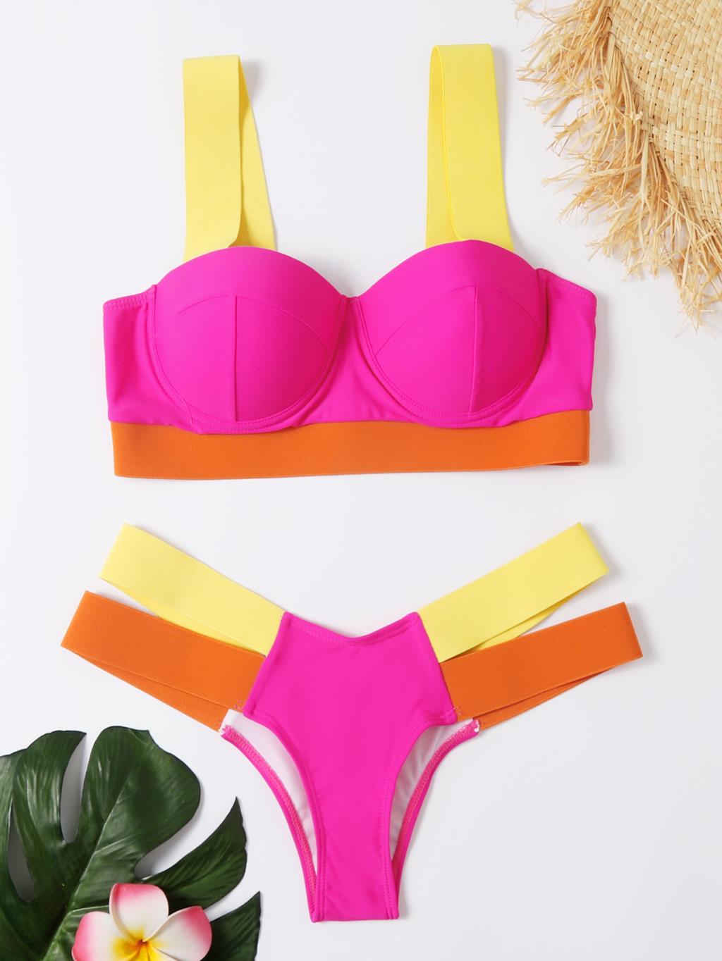 Waves Queen Bandage Brazilian Push Up Bikini  Sunset and Swim Pink/Yellow S 