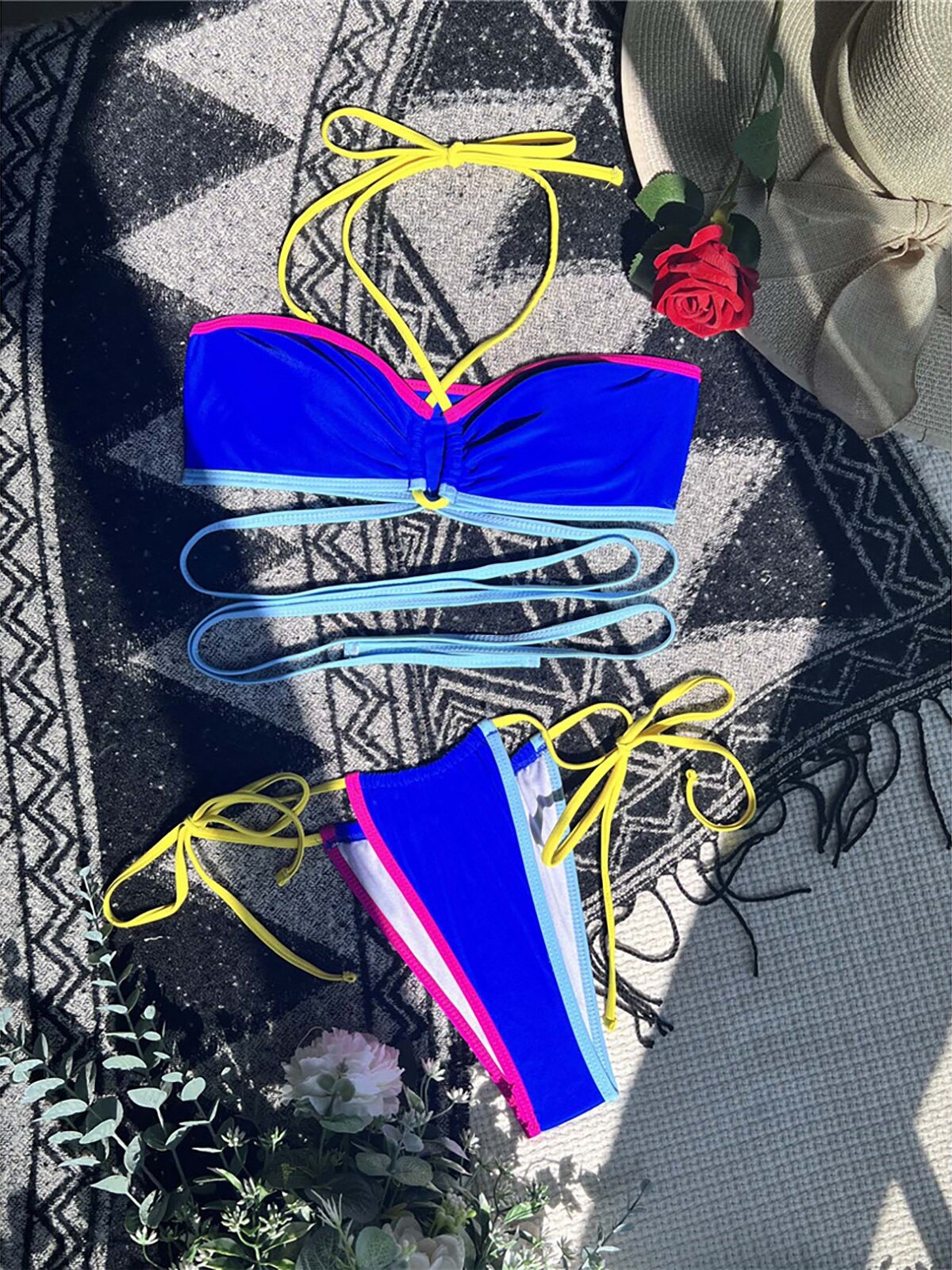 Exclusive Wrap Around Bandage Halter Bikini Sunset and Swim Royal Blue S 