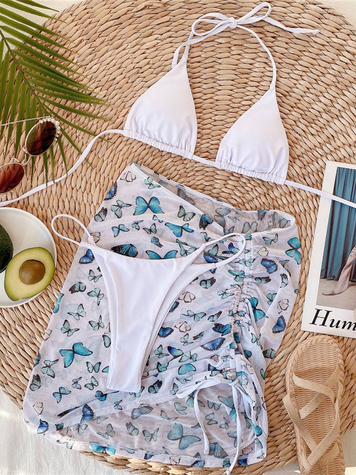 Premium Halter Butterfly Printed Bikini Set With Beach Cover Up Skirt  Sunset and Swim white S 