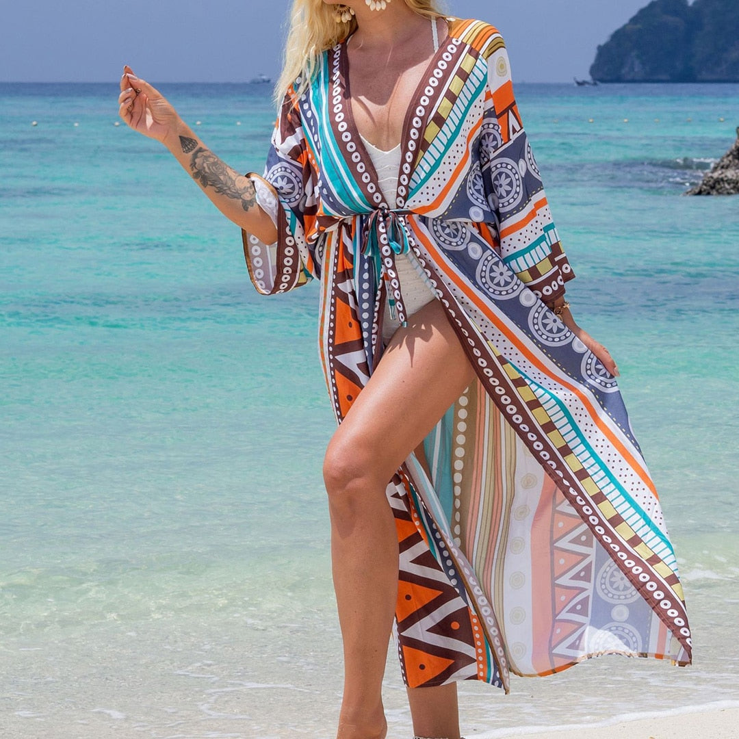 Italian Vacation V Neck Loose Maxi Dress Kimono Swimsuit Coverup  Sunset and Swim Geometry One Size 