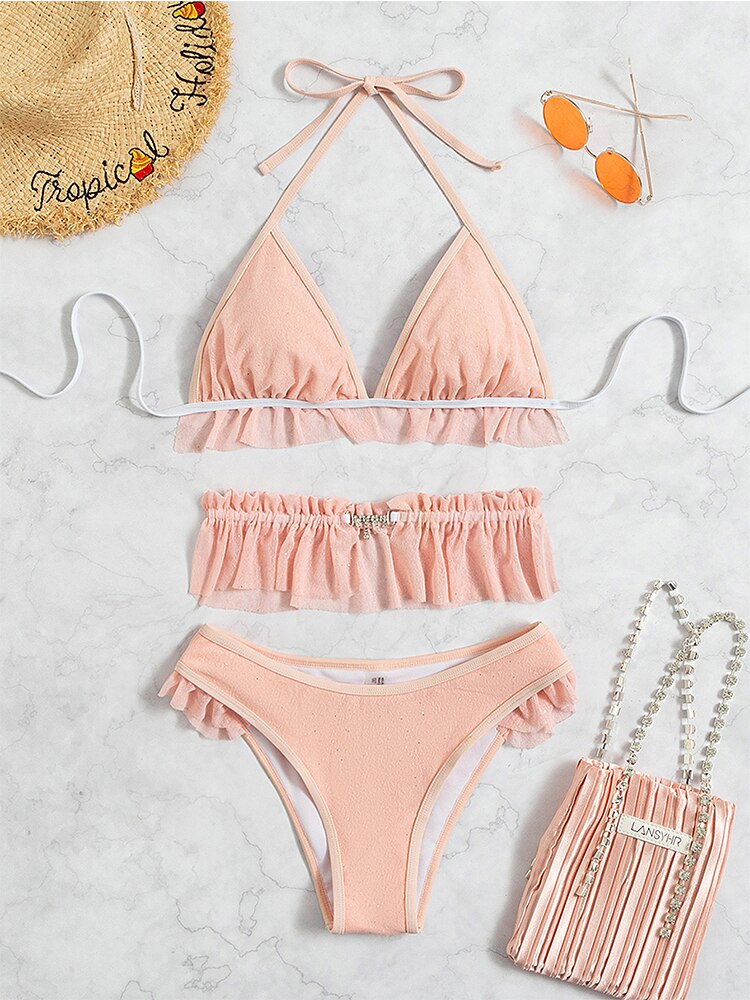 Pink Dreams Sexy Waist Ruffle Detail Bikini  Sunset and Swim   