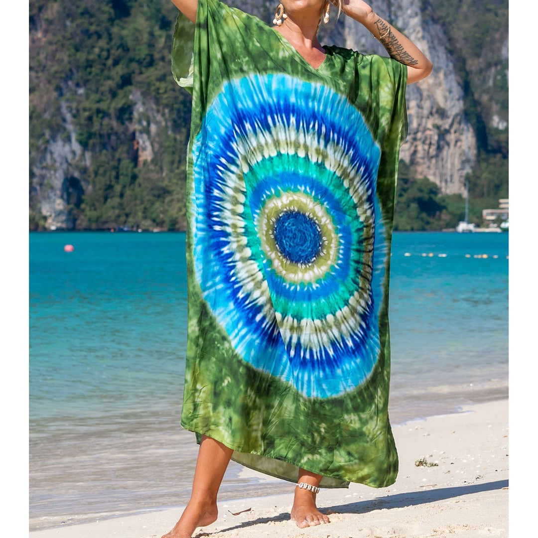 Sunset and Swim Colorful Bohemian Bathing Suit Coverup Kaftan Sunset and Swim Army Green Circle One Size 