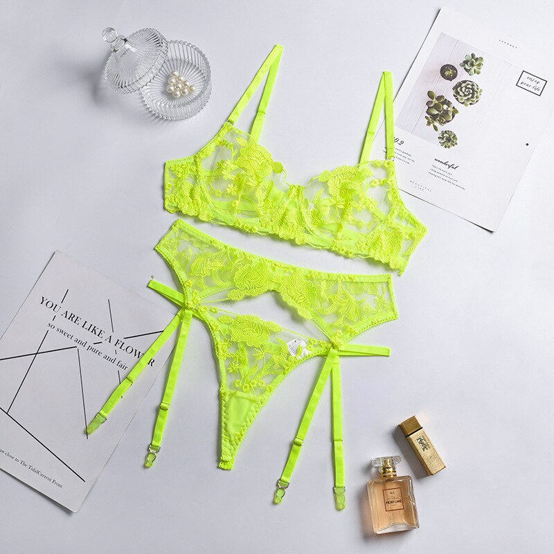 Hot Nights Bra and Panty Underwear Lace Set  Sunset and Swim Neon Green S 