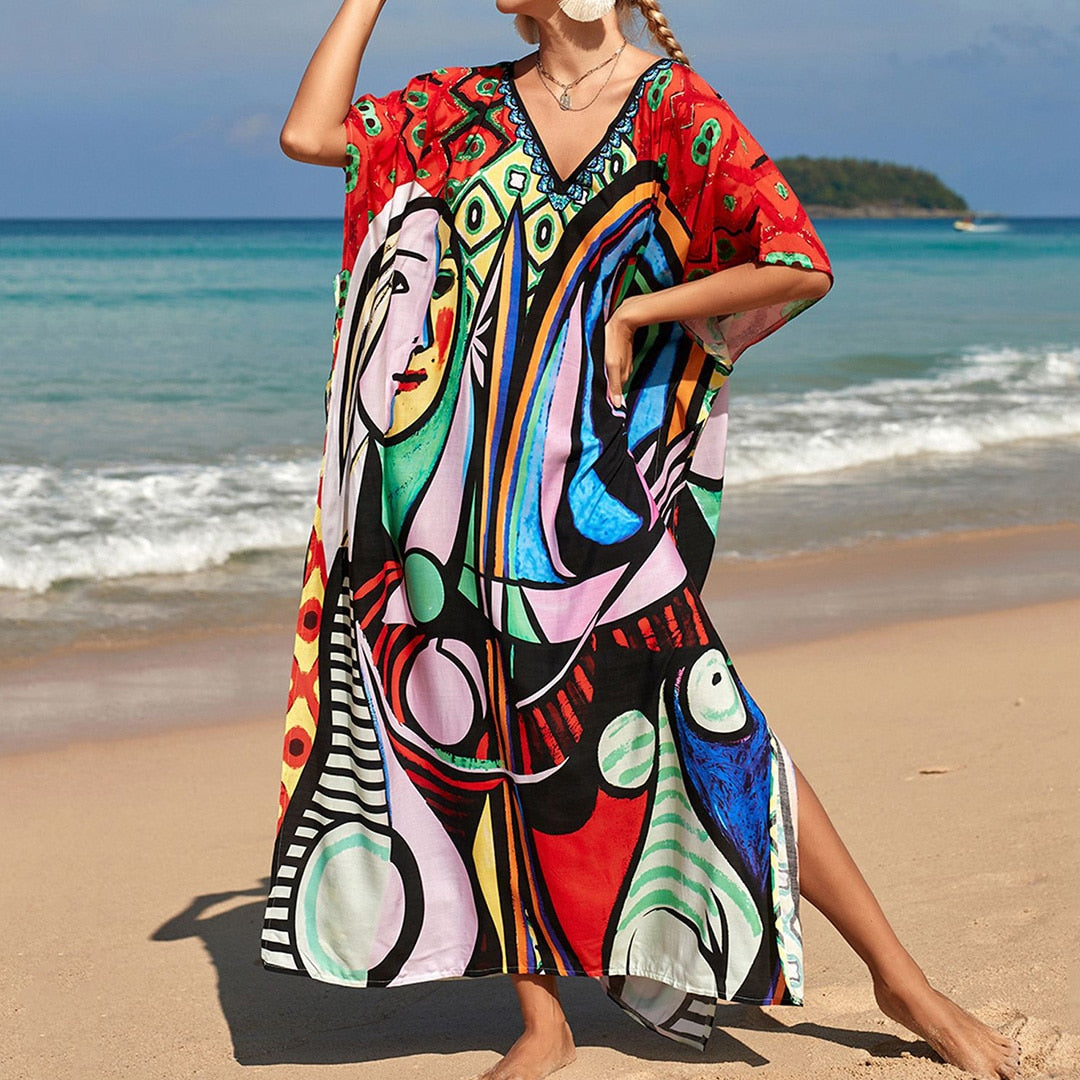 Sunset and Swim Colorful Bohemian Bathing Suit Coverup Kaftan Sunset and Swim Face One Size 