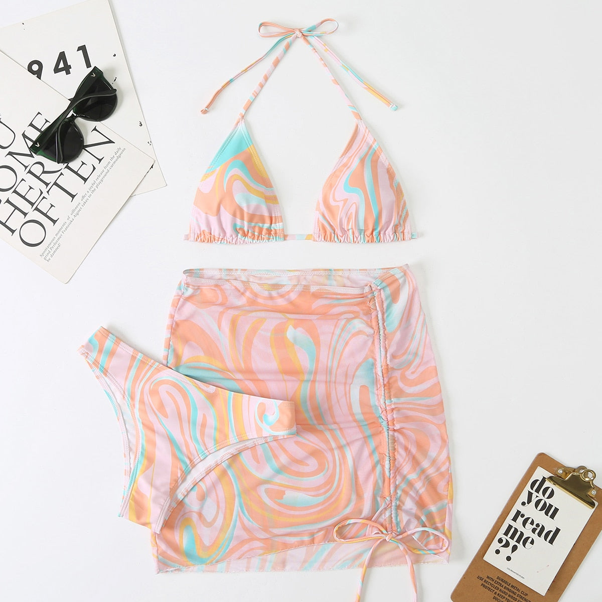 Bali Dreams 3 Piece Bikini Set With Cover Up Skirt  Sunset and Swim ZM22008-JVS S 