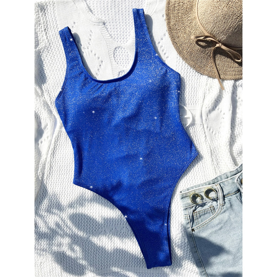 Blue Sexy Glitter Sparkling Lace Up One Piece Swimsuit  Sunset and Swim Blue S 