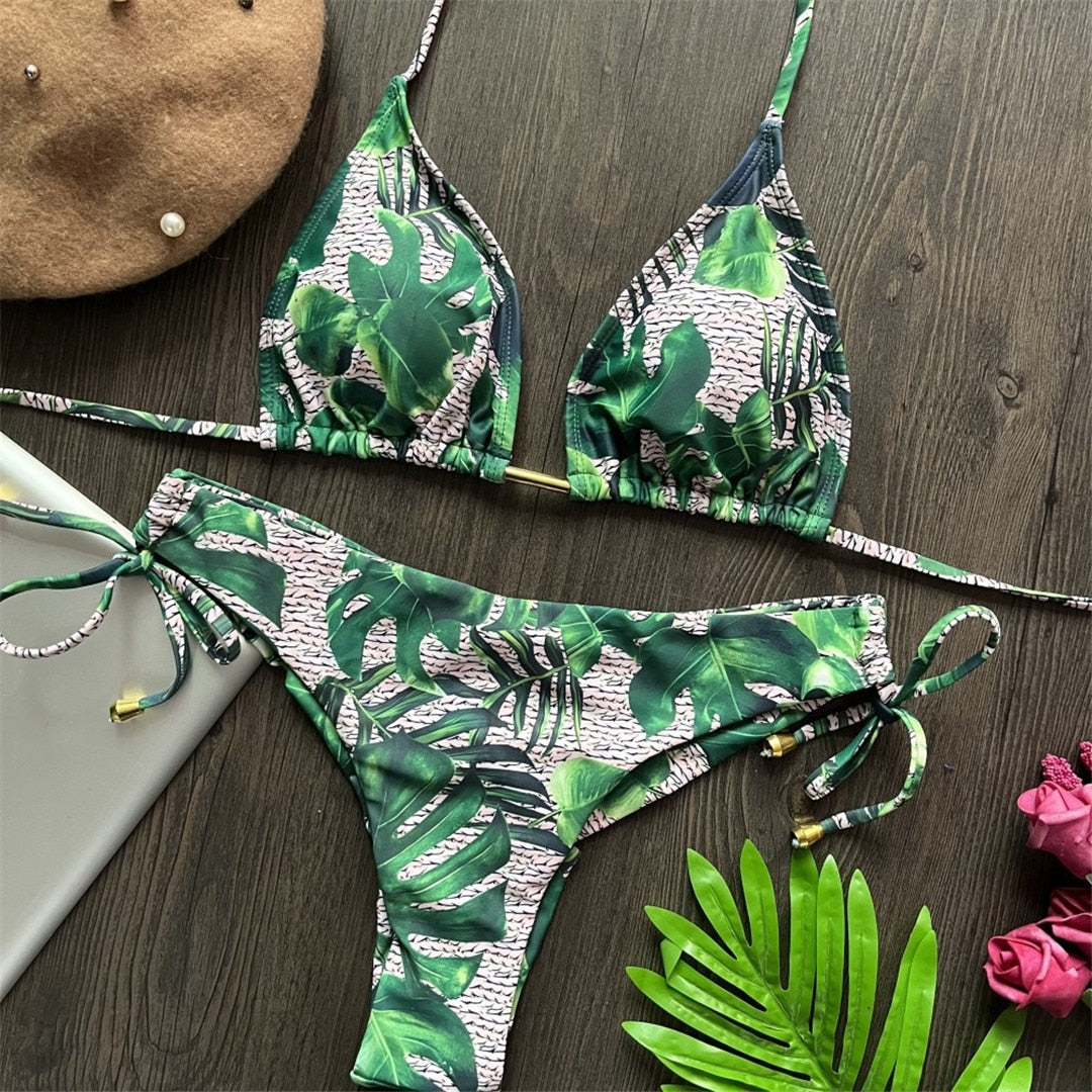 Valencia Cute Halter Triangle Top Bikini  Sunset and Swim Green Leaves S 
