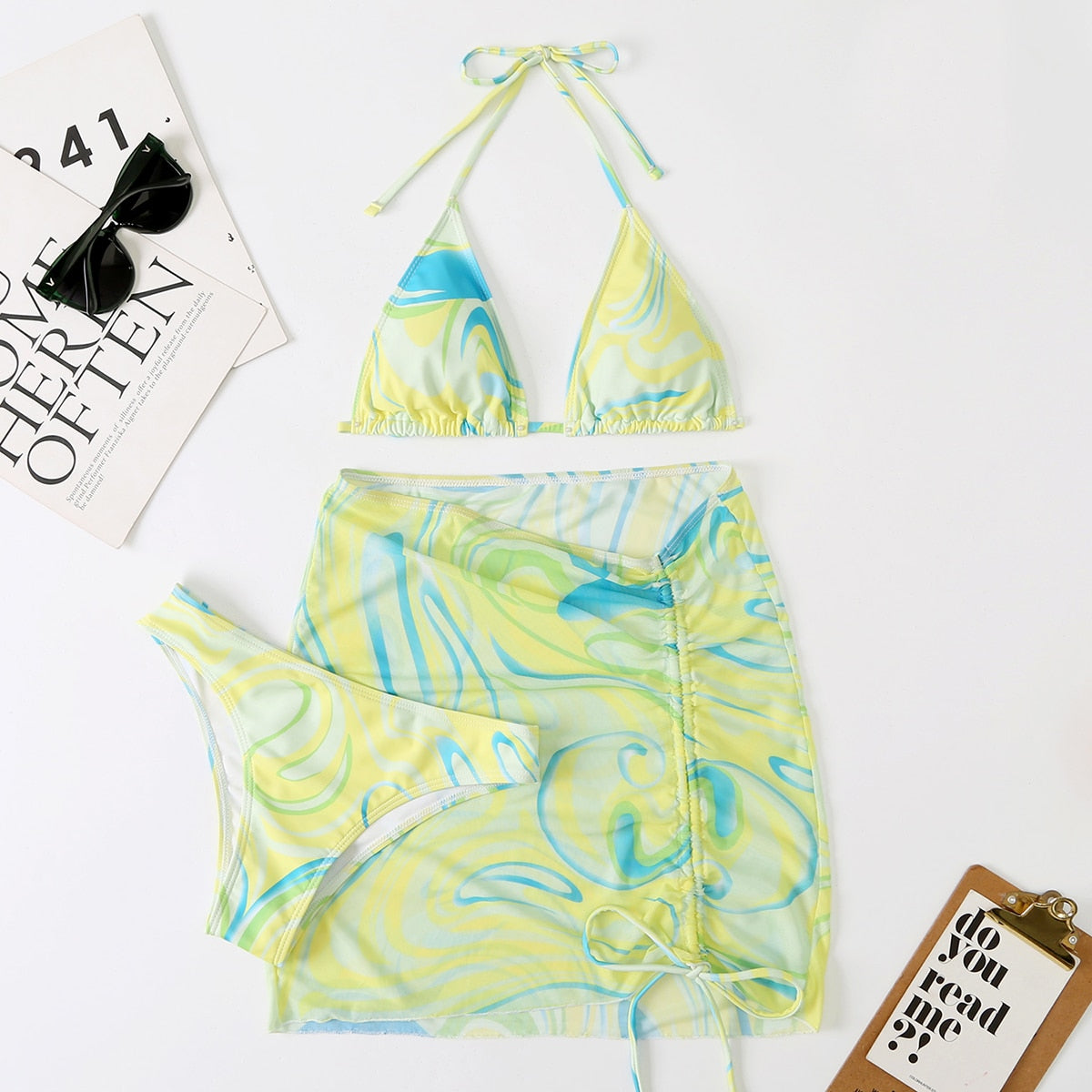 Bali Dreams 3 Piece Bikini Set With Cover Up Skirt  Sunset and Swim ZM22008-LVS S 