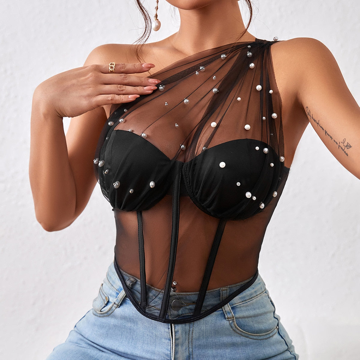 Pearl Enchantment Sheer Corset Bustier Top  Sunset and Swim   