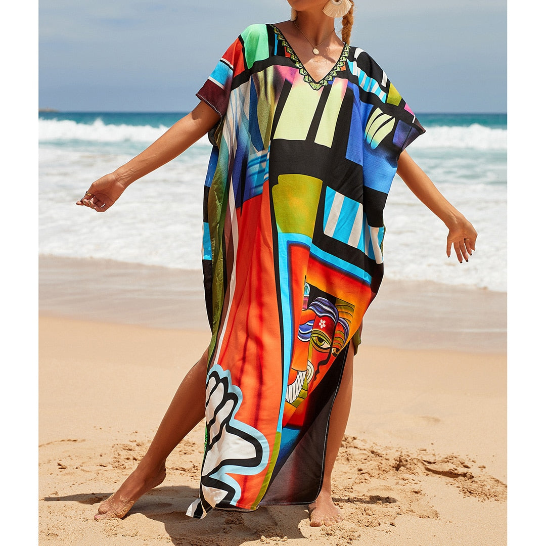 Sunset and Swim Colorful Bohemian Bathing Suit Coverup Kaftan Sunset and Swim Color Block One Size 