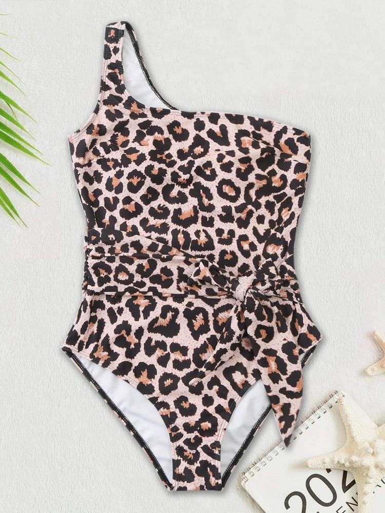 Leopard One Shoulder One Pieces Swimsuit  Sunset and Swim Khaki S 