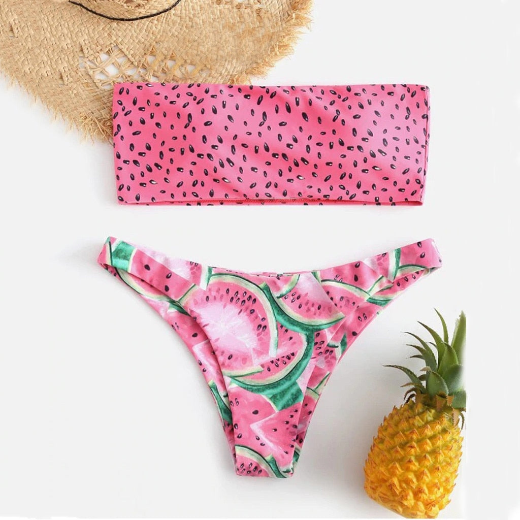 Watermelon Summer Crush Bandeau Bikini  Sunset and Swim Pink S 