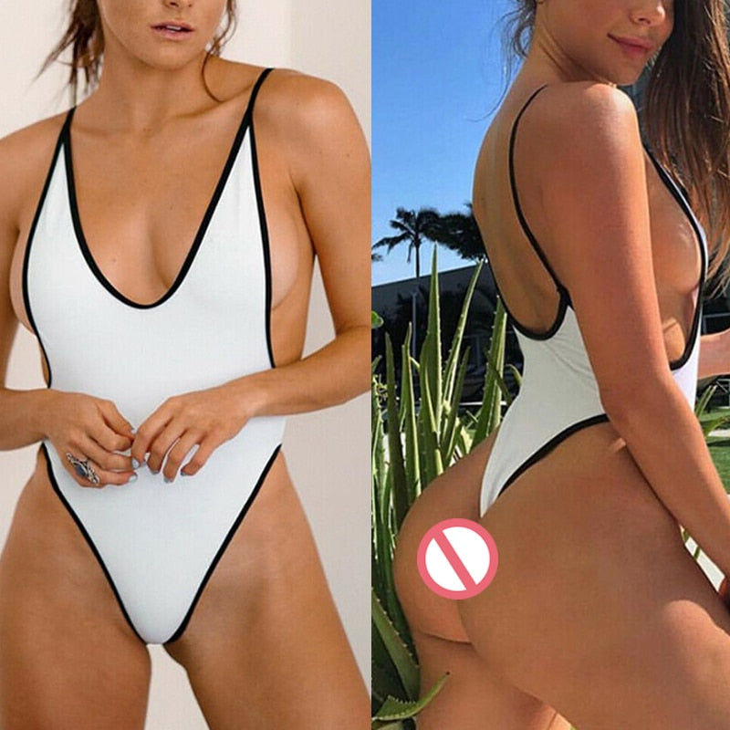 Sexy High Cut Micro Thong One Piece Swimsuit Sunset and Swim White S 