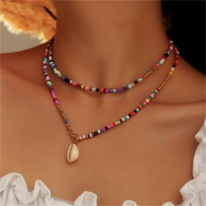 Summer Bloom Bohemian Bead Shell Necklace  Sunset and Swim   