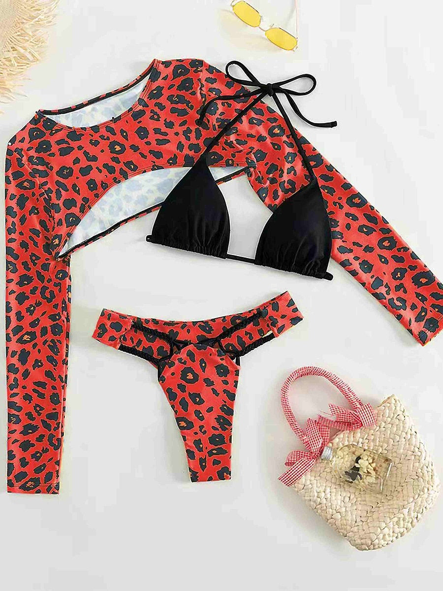 Thong Leopard Three Set Bikini  Sunset and Swim Red S 