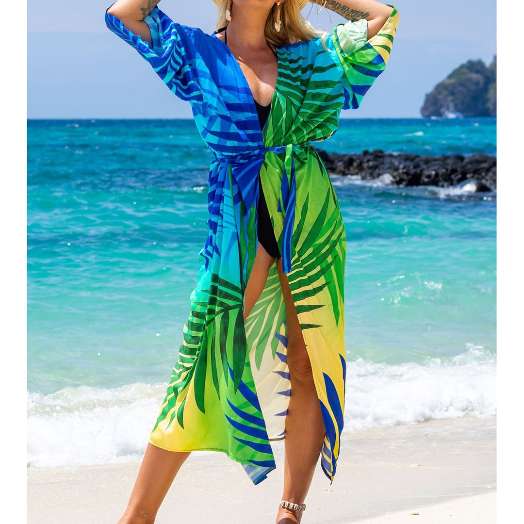 Italian Vacation V Neck Loose Maxi Dress Kimono Swimsuit Coverup  Sunset and Swim Leaves One Size 