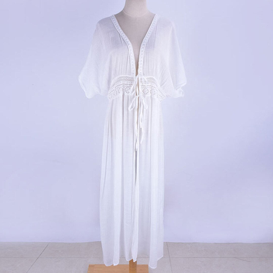 Valerie Front Tie Beach Cover Up Tunic Kimono  Sunset and Swim White One Size 