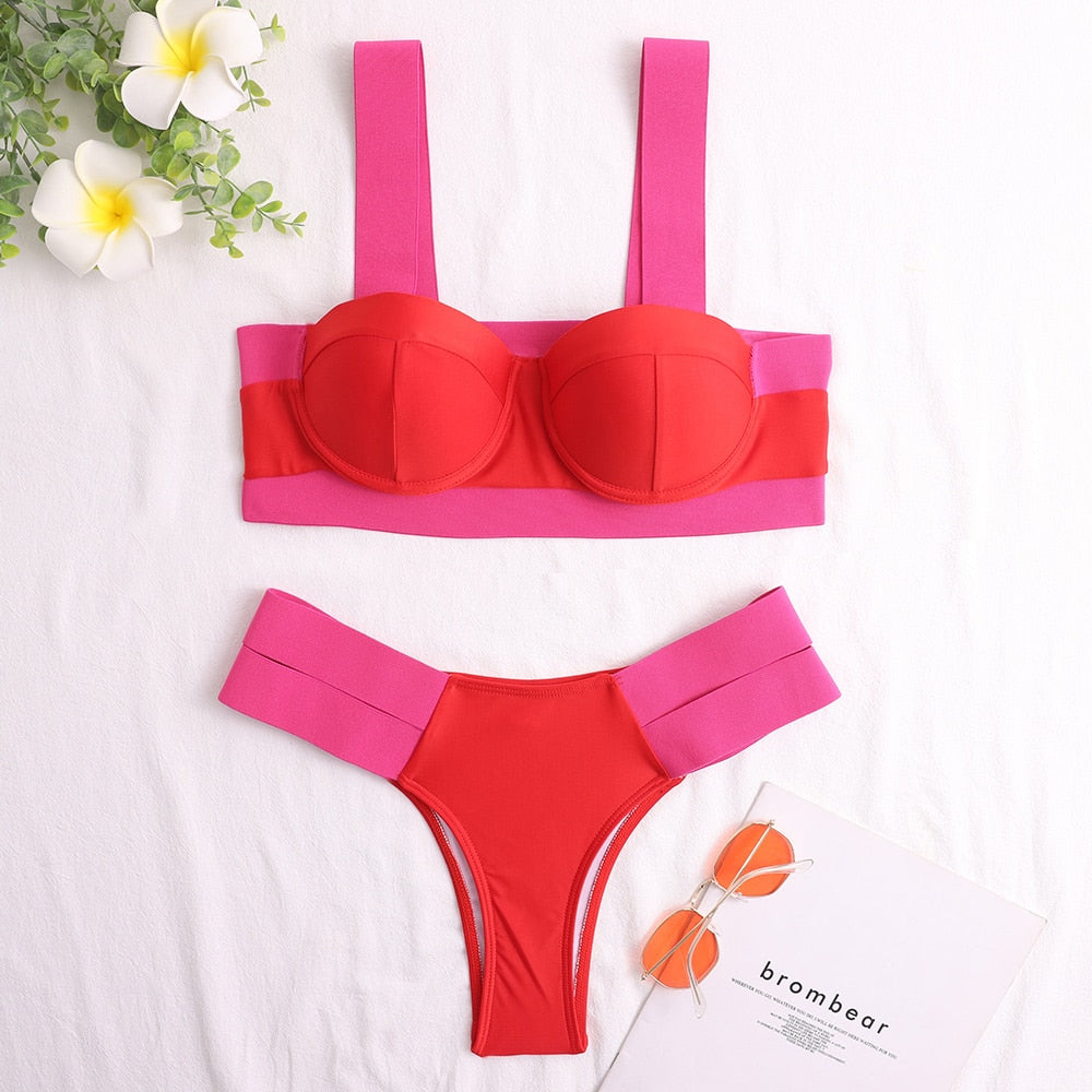 Waves Queen Bandage Brazilian Push Up Bikini  Sunset and Swim Pink/Red S 