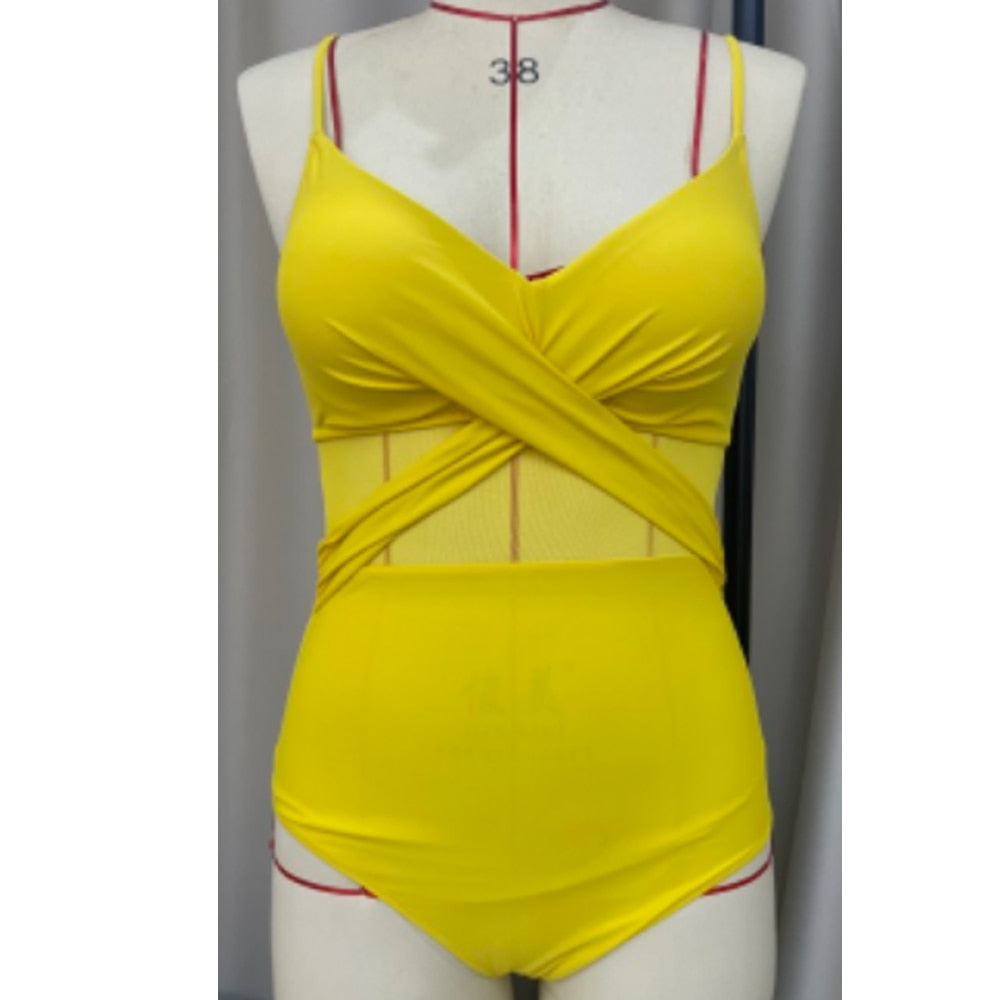 Solid One Piece Tummy Slimming Design Swimsuit  Sunset and Swim Yellow S 