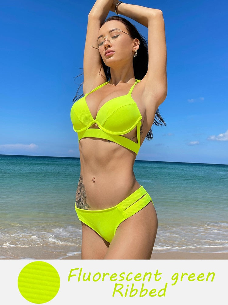 Yellow Rhinestone Push Up Bikini Set Sexy Beach Brazilian Bikini